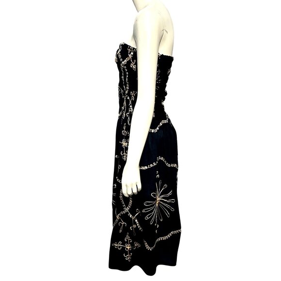 Black Strapless Smocked Embroidered Sequin Midi Dress Gold Scroll Starburst Boho - Picture 5 of 8